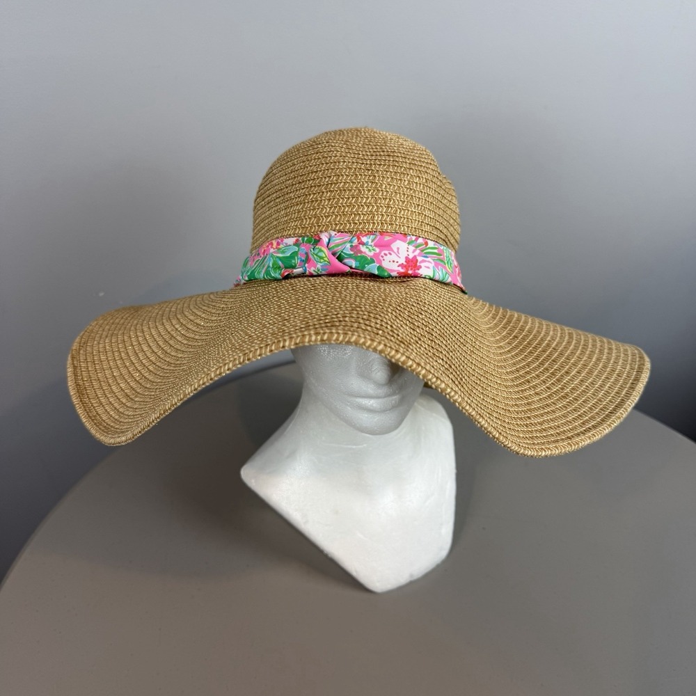 Lilly Pulitzer Wide Brim Straw Sun Hat Pink Floral Band Gold Fleck Beach Resort